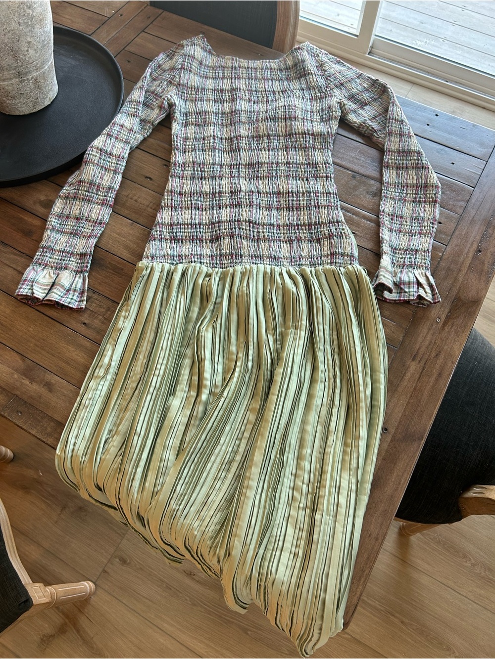 NWT OHSEVENDAYS Anthropologie McKenzie Shirred Tartan Pleated Green Midi Dress M - Picture 6 of 13